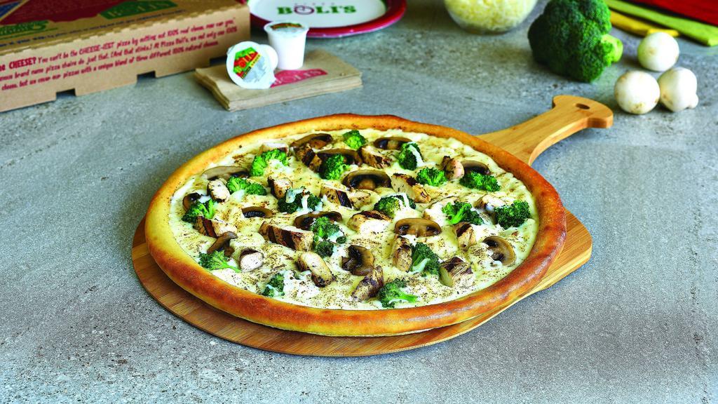Chicken Alfredo Pizza · Grilled chicken, sautéed broccoli, and mushrooms in our creamy alfredo sauce, topped with our special blend of 100% fresh natural cheeses.