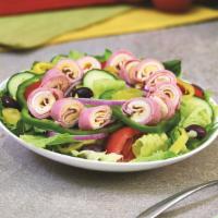 Chef Salad · Lettuce, tomato, green pepper, red onion, cucumber, black olive, ham, sliced turkey breast, ...
