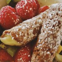 Fruit Compote · Ricotta Filled Almond Flour Cannoli, Assorted Fruit, Passionfruit Broth