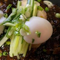Zha Jiang Myun · Noodles with soybean paste, noodles topped with Zha Jiang sauce simmering for fried fround p...