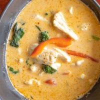 Red Curry · Coconut milk,  bell pepper, basil leaves and broccoli. Served with steamed rice. Mild spicy.