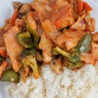 Chicken With Garlic Sauce · Served with white rice.