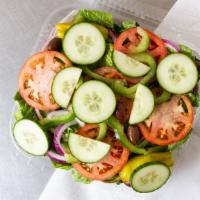 Garden Salad · Mixed lettuce, green pepper, tomato wedges, red onion, cucumbers, kalamata olives, banana pe...