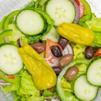 Greek Salad · Mixed lettuce, green peppers, tomato wedges, red onions, cucumbers, Kalamata olives, peppero...