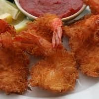 Breaded Shrimp · 6 pieces. Crispy and breaded jumbo shrimp served with cocktail dipping sauce.