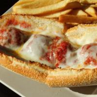 Meatball Parmigiana · Meatballs in marinara, baked with provolone cheese on a Sub Roll.fries are not included