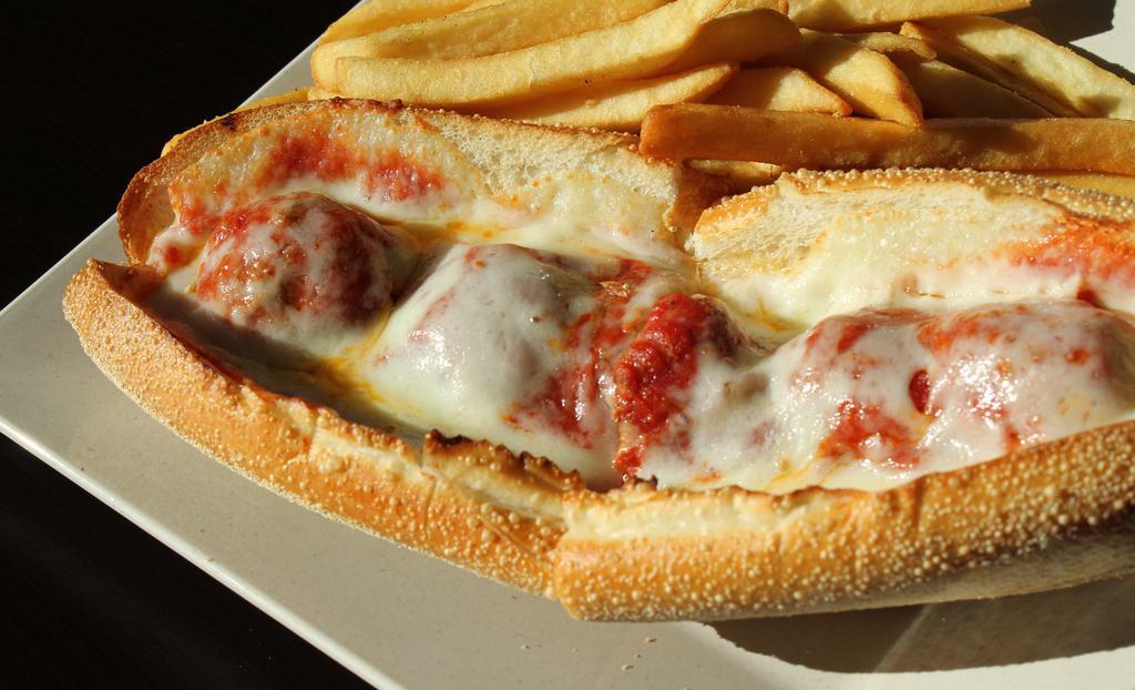 Meatball Parmigiana · Meatballs in marinara, baked with provolone cheese on a Sub Roll.fries are not included