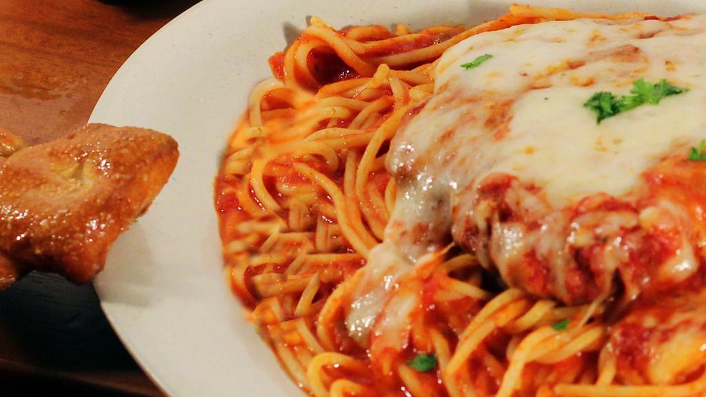Chicken Parmigiana (Full Portion) · Hearty portions of pasta! Served with side garlic knots.