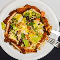 Panko Fried Chicken Salad · Deep fried panko chicken served over romaine, iceberg and mixed green lettuce with candied p...