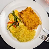 Baked Haddock · Fresh haddock baked with seasoned bread and cracker crumbs, served with rice pilaf, grilled ...