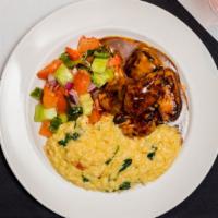 Turkey Tips · Grilled bourbon marinated turkey tips over Greek orzo and a side of cucumber salad.