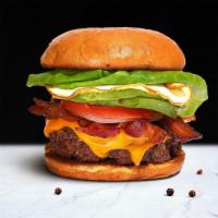 Breakfast City Burger · Homemade beef patty topped with bacon, fried egg, avocado, melted cheese, lettuce, tomato, o...