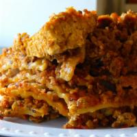 Lasagna · Made with our homemade vegan cheese and textured vegetable protein