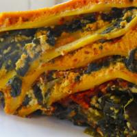 Spinach Lasagna · Layered with spinach and our homemade vegan cheese (contains soy)
