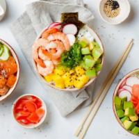 Seafood Poke Bowl · Poke bowl including shrimp, crab stick, octopus, avocado, mango, tomato, cucumber, sesame, s...