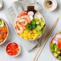 Veggie Poke Bowl · Poke bowl including carrot, avocado, mango, tomato, cucumber, sesame, edamame, oshinko, and ...