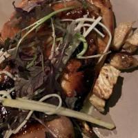 Wood Oven Roasted Half Chicken · Mustard jus, fried sourdough, roasted king trumpet mushrooms.