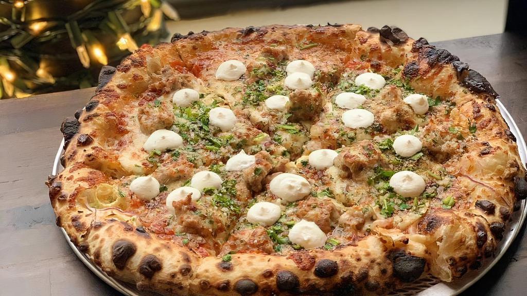 Fennel & Sausage Pizza · Whipped ricotta, fennel, red onion.