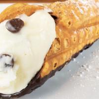 Classic Cannoli · One large. Chocolate laced shell. Chocolate chip filling.