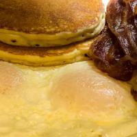 Hungry Person Breakfast · (2) Hot cakes or French toast, (2) Eggs, bacon (2) or sausage (1) or turkey sausage (2), and...