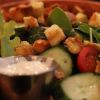 Garden Salad · Cucumbers, heirloom cherry tomato, croutons, smoked ranch.