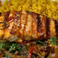 Grilled Salmon Platter · Served with yellow rice and house vegetables