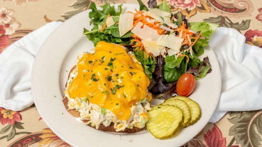 Mount Holly Melt · Robin's chicken salad, celery, onions, mandarin oranges, dill mayonnaise, melted cheddar cheese, open face on toasted whole wheat, served with a side salad.