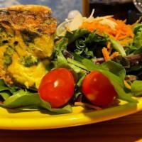 Quiche Du Jour · Baked daily stuffed with chef's inspiration, served with a side salad