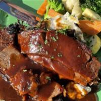 Beef Brisket · Gluten-free. Slow roasted beef brisket, barbeque au jus, served with mashed potatoes & veget...