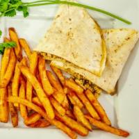 Steak Quesadilla & Fries · Comes With Green Pepper, Bell Pepper, Cheese, Fried Onions, Seasoned Fries and Boneless Steak.