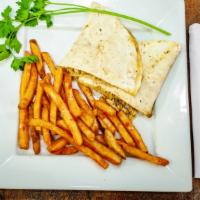 Shrimp Quesadilla & Fries · Comes With Green Pepper, Bell Pepper, Cheese, Fried Onions, Seasoned Fries and Shrimp.