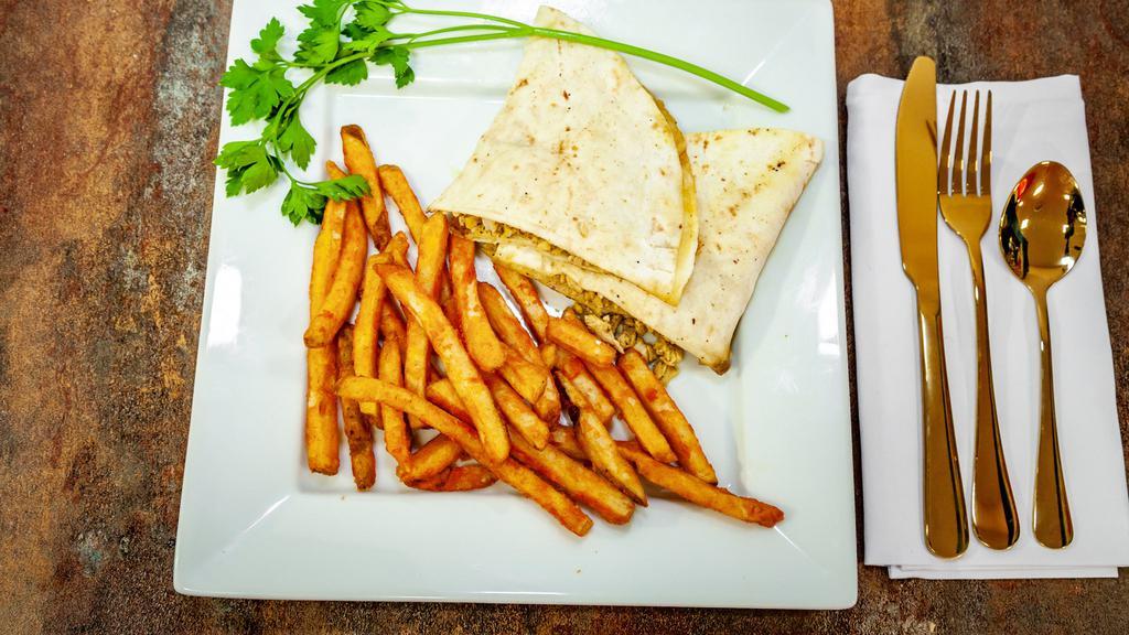Shrimp Quesadilla & Fries · Comes With Green Pepper, Bell Pepper, Cheese, Fried Onions, Seasoned Fries and Shrimp.