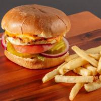 Grilled Chicken Burger · Lettuce, tomato, pickles, onions, house sauce, American cheese.