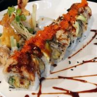 Tiger Eye · Deep fried smoked salmon, crabstick, avocado roll topped with spicy Japanese sauce and eel s...