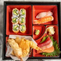 Tempura Sushi Combo · tempura shrimp & veggies sashimi 3pcs, nigiri 2pcs, California maki.