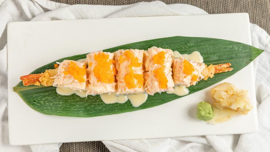 Snow Mountain Maki · Cooked fish. shrimp tempura roll covered w/ crab salad, sweet mayo, tobiko.