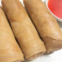 Spring Roll (3 Pieces) · Crispy veggie spring rolls stuffed with cellophane noodles and vegetables served with sweet ...