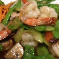 Shrimp Snow Pea · Fresh shrimp and snow peas sautéed with celery, mushrooms, bell pepper in signature brown sa...