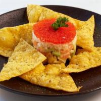 Salmon Tartare · Chunks of fresh salmon, avocado, cucumber and spicy mayo.  Layer with tempura flakes, tobiko...