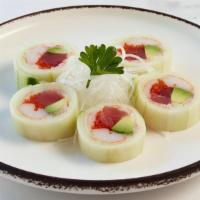 Naruto · Crabstick, tuna, tobiko, and avocado rolled in cucumber.  Served with ponzu sauce.