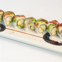 Dragon Maki · California roll inside with eel and avocado topped with sweet soy sauce.