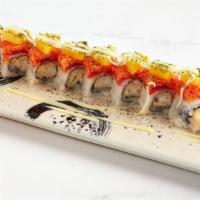 Hawaii Maki · Shrimp tempura roll topped with fresh sliced tuna and mixture of tempura flakes, spicy mayo,...