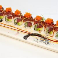 Red Sox Maki · Tuna, cucumber and avocado roll topped with fresh sliced tuna and mixture of tempura flakes ...