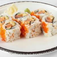 Spicy Salmon Maki · Salmon with cucumber, tobiko, and spicy mayo.