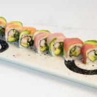 Rainbow Maki · California maki (crabstick, cucumber and avocado) with salmon, tuna yellowtail and avocado o...