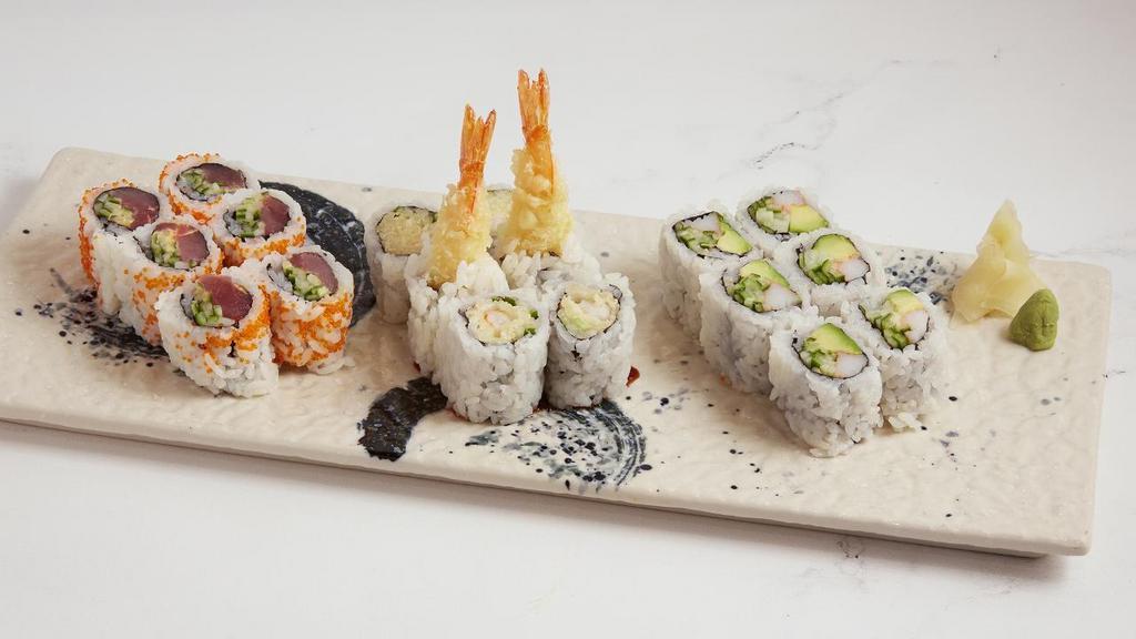 Maki Combination · 6 pieces of California Maki, 6 pieces of spicy Tuna Maki, and 6 pieces of Shrimp tempura Maki.