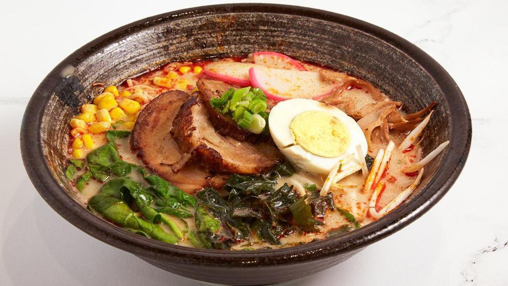 Pork Ramen · Ramen noodles with tasty pork broth, sliced pork chashu, sweet corn, bamboo shoots, egg, scallions, seaweed, beansprout and watercress.