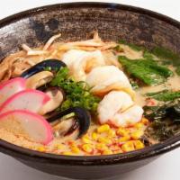 Seafood Ramen · Ramen noodles, chicken base, shrimp, mussel, fish cake, corn, beansprout, seaweed, bamboo sh...