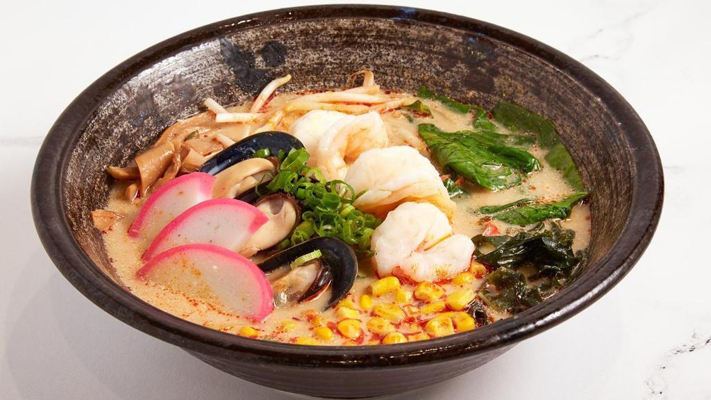 Seafood Ramen · Ramen noodles, chicken base, shrimp, mussel, fish cake, corn, beansprout, seaweed, bamboo shoot, watercress.