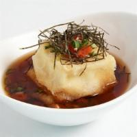 Agedashi Tofu · Deep fried jumbo tofu served in a light fish broth with scallions, spicy daikon radish, boni...